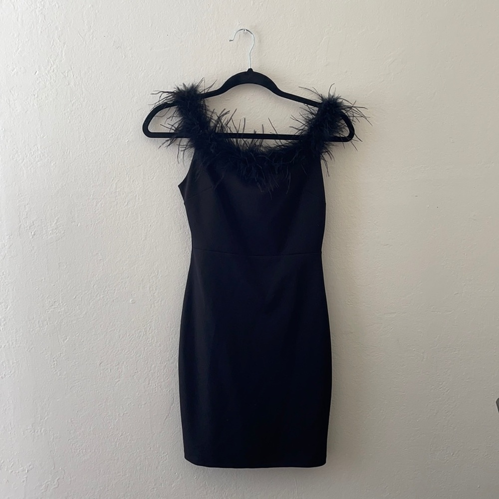 Black mini dress, furry off the shoulder neckline